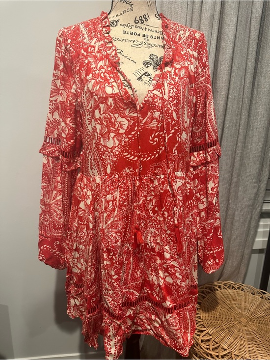 Bog Collective Dresses & Skirts - Red Paisley Floral Mini Dress with Ruffle Details